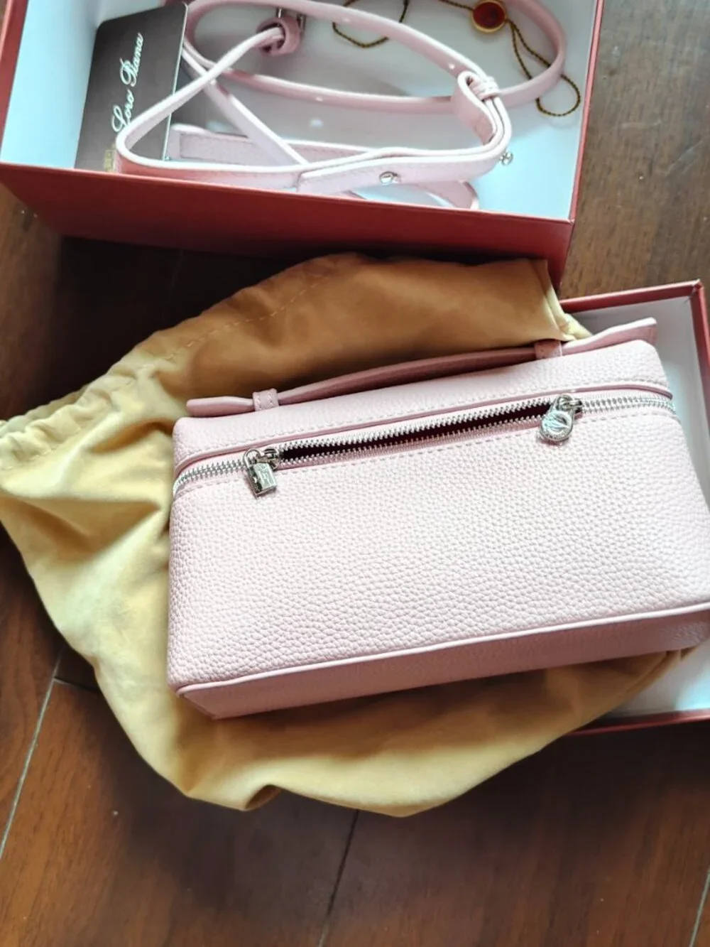 Loro Piana Pink Pebbled Leather Extra Pocket Pouch Crossbody Bag NIB
